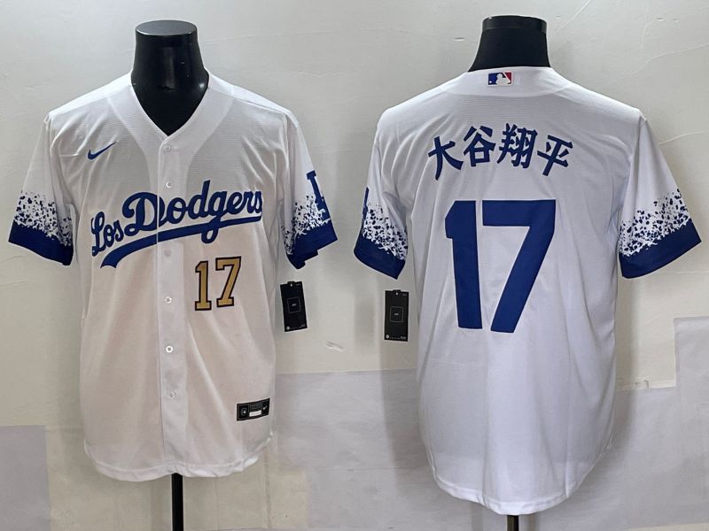 Men Los Angeles Dodgers #17 Ohtani White blue City Edition Nike MLB Jersey style 9->los angeles dodgers->MLB Jersey